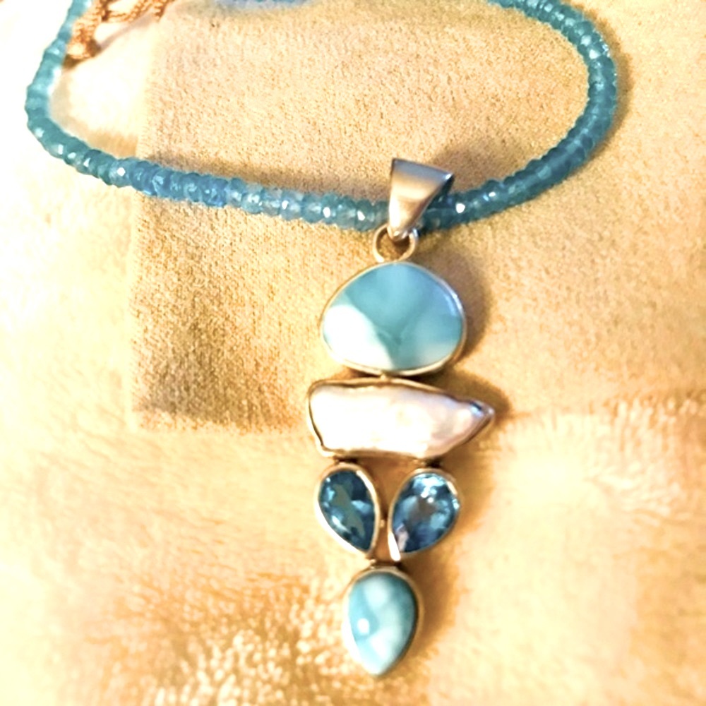 Arya Designs Larimar, Pearl Blue Topaz Sterling Silver Pendant /Beaded Necklace - Picture 8 of 8